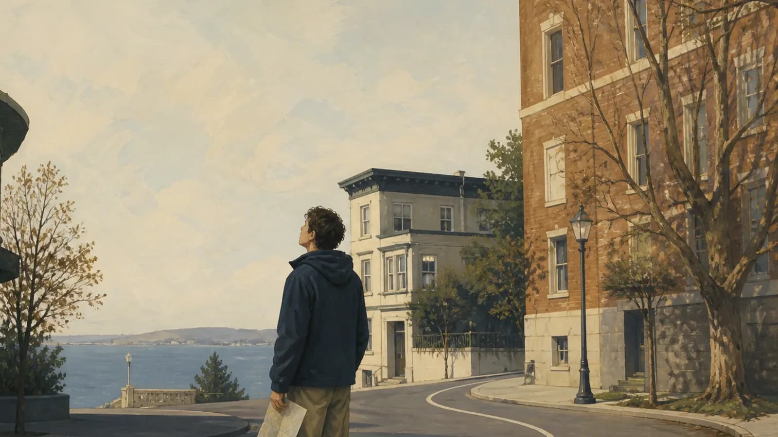 A pedestrian holding a paper map looks up at a quiet Victoria street instead of down at a phone