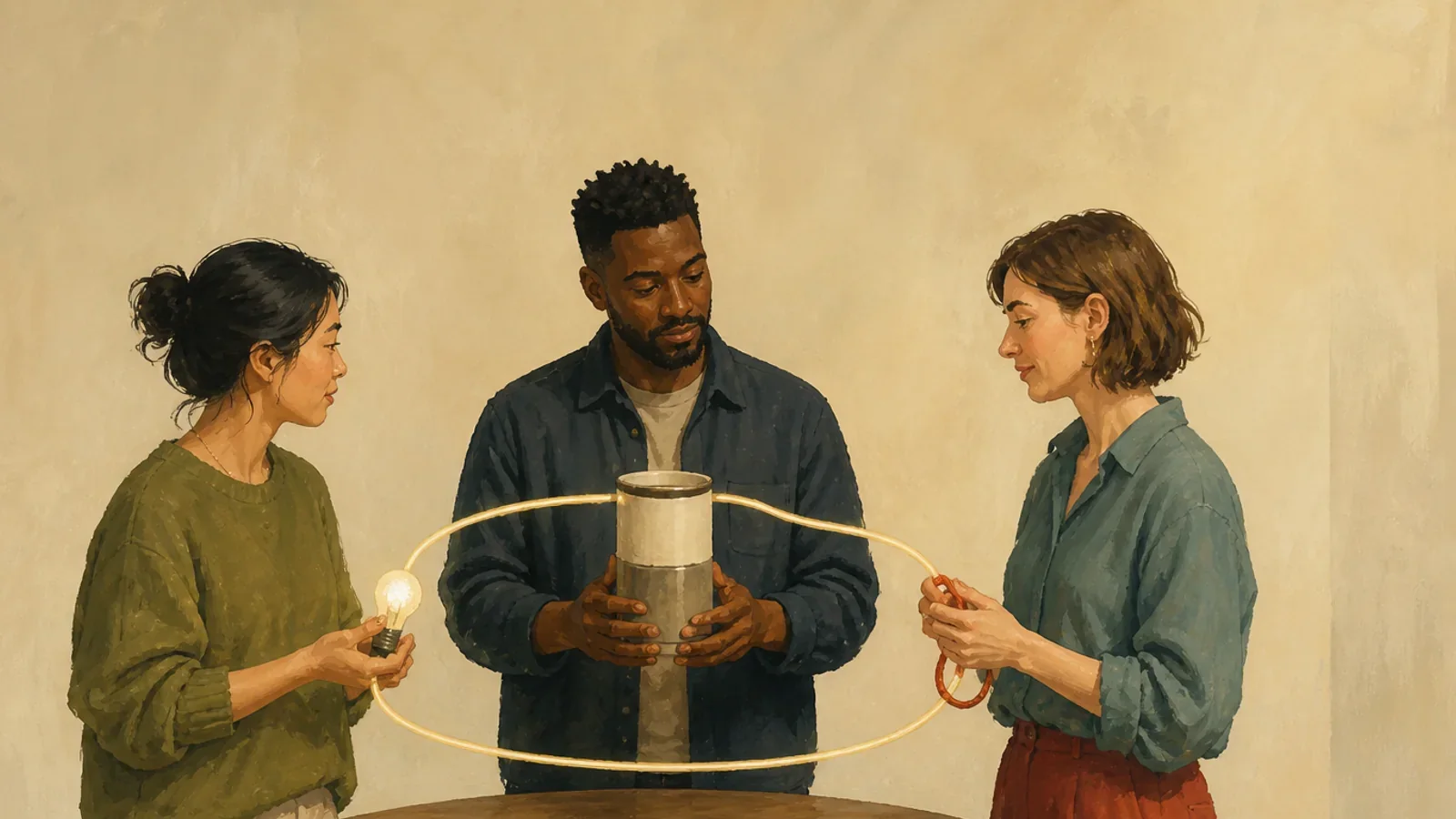 Three coworkers around one table are connected by a single loop of practical work