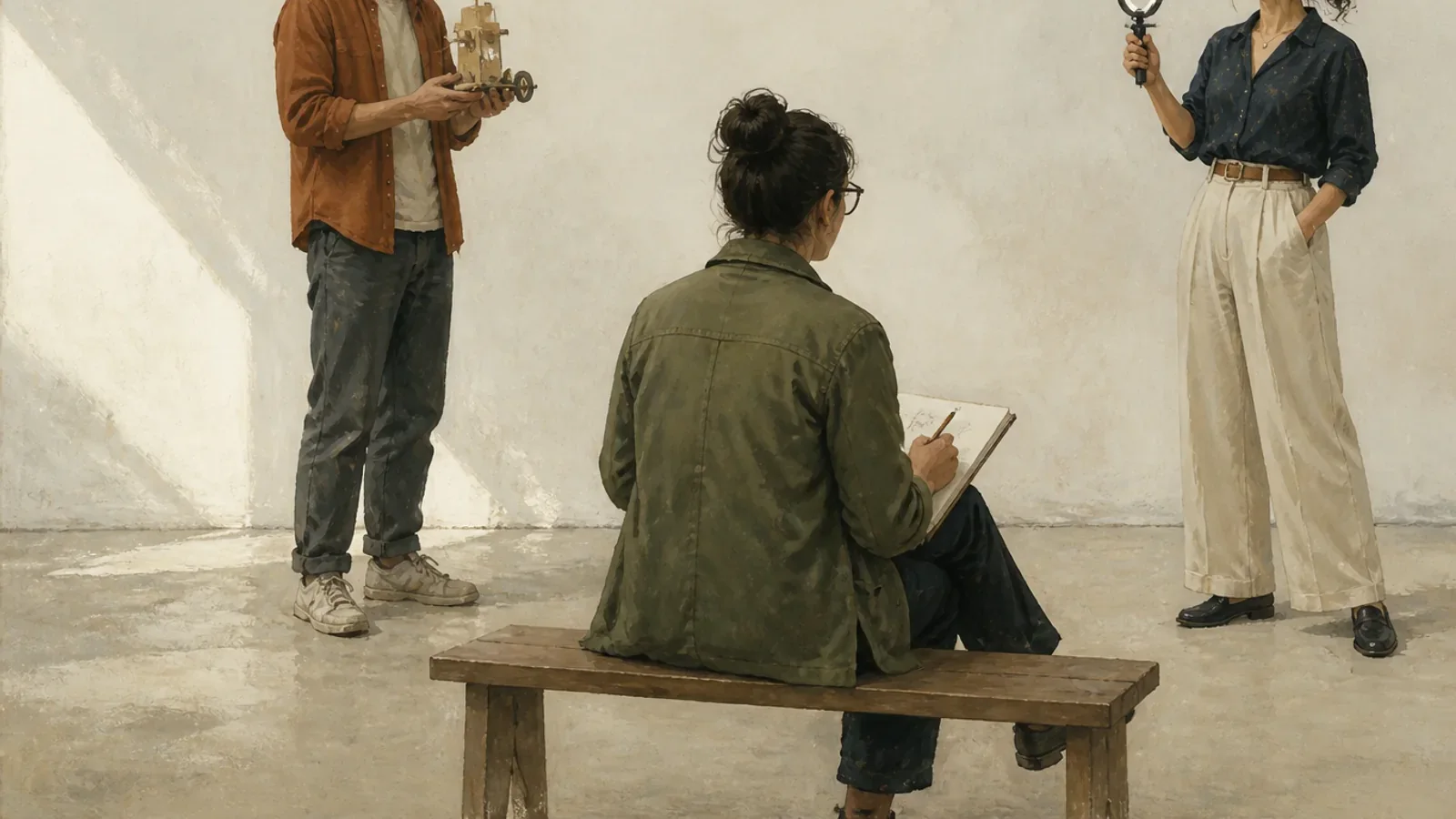 Three entrepreneurs sketch an idea, build a prototype, and speak beside a ring light