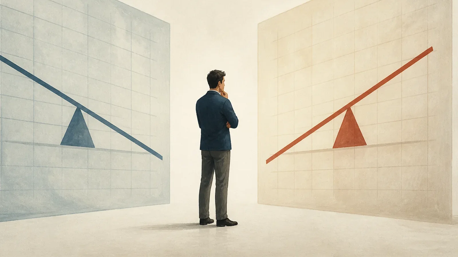 A founder studies two translucent financial models whose balance lines tilt in opposite directions