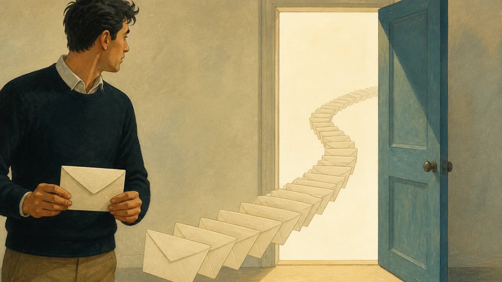 A startup CEO holds one sealed envelope while a long trail of blank envelopes escapes through an open door