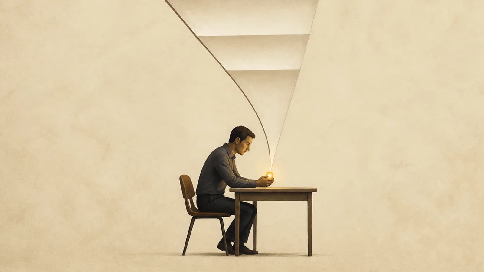 A worker holds one glowing tool as a long blank folded process narrows into it
