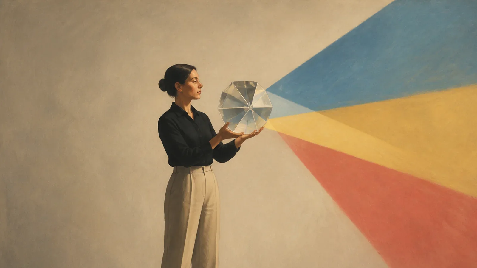 An employee holds a faceted glass prism that casts three broad overlapping fields of color