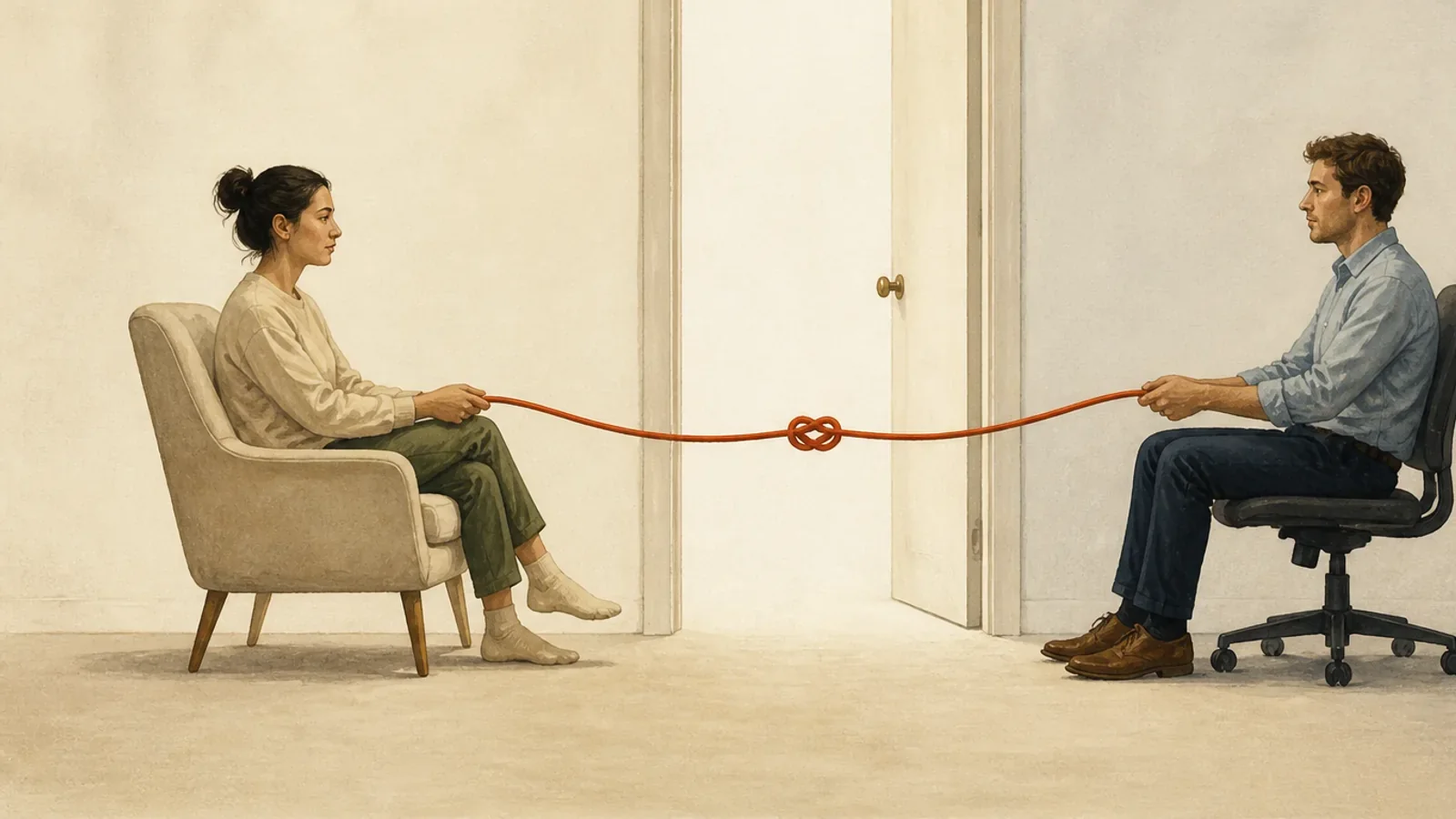 A home worker and an office worker hold one knotted cable through an open doorway