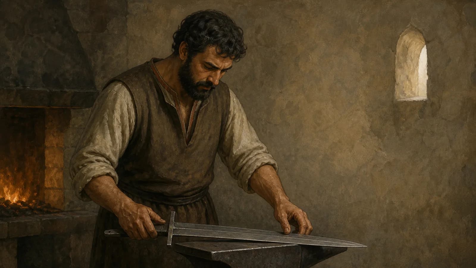 A Byzantine blacksmith inspects an unfinished sword on an anvil beside a warm forge