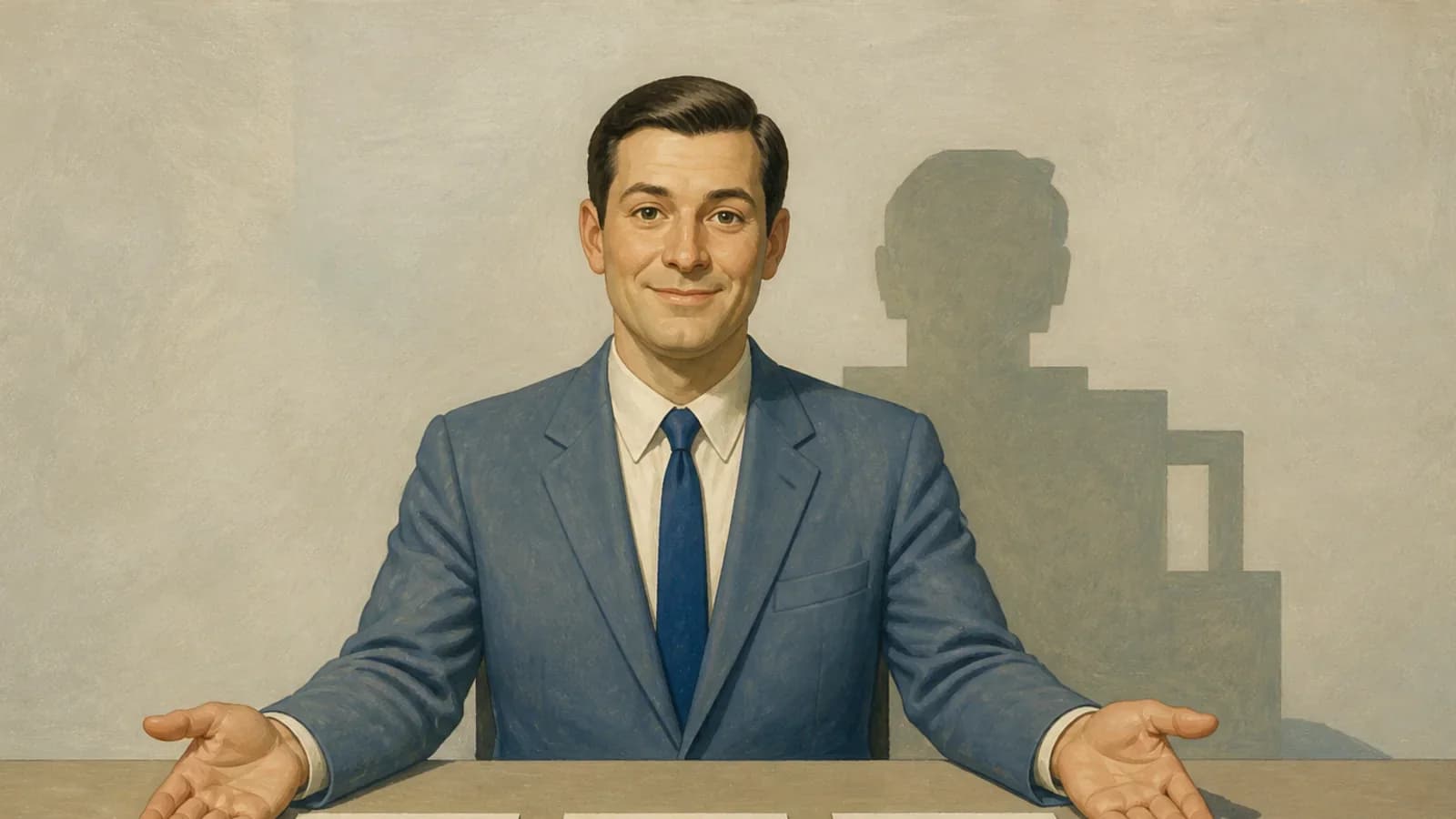 A pleasant office clerk presents three identical blank pages while casting a machine-like shadow