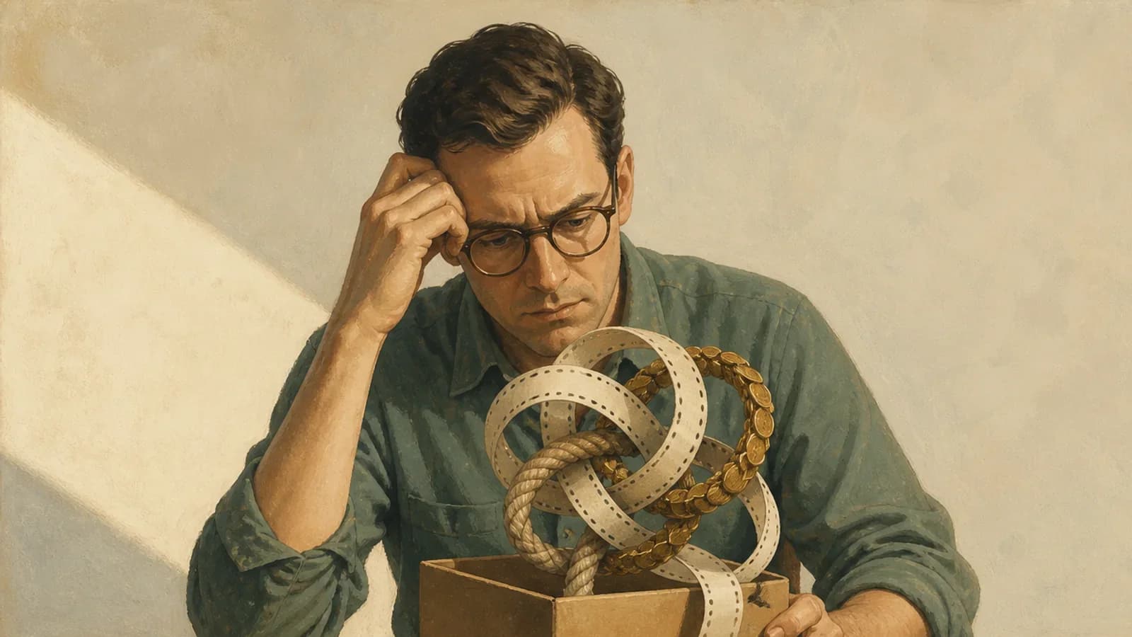 An online merchant holds a parcel beside one knot made from a receipt, rope, and coins