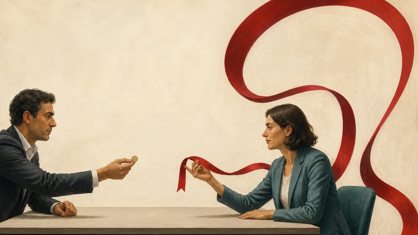 One businessperson offers a small coin while another holds an enormous looping red ribbon