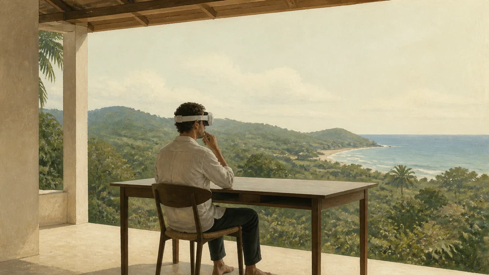 A remote worker wearing a white spatial-computing headset sits at a spare desk overlooking the hills and Pacific coast near Nosara
