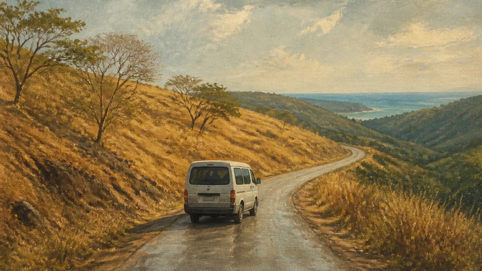 A single van follows a winding road through the Guanacaste landscape toward Nosara