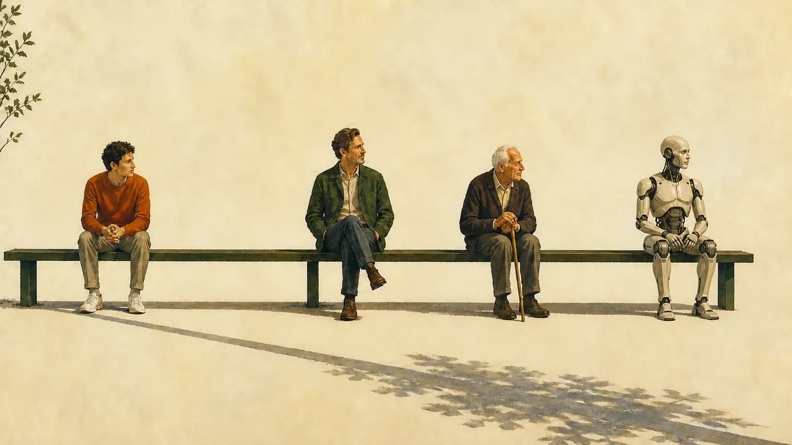 A young man, middle-aged man, elderly man, and humanoid cyborg sit in sequence along a long bench