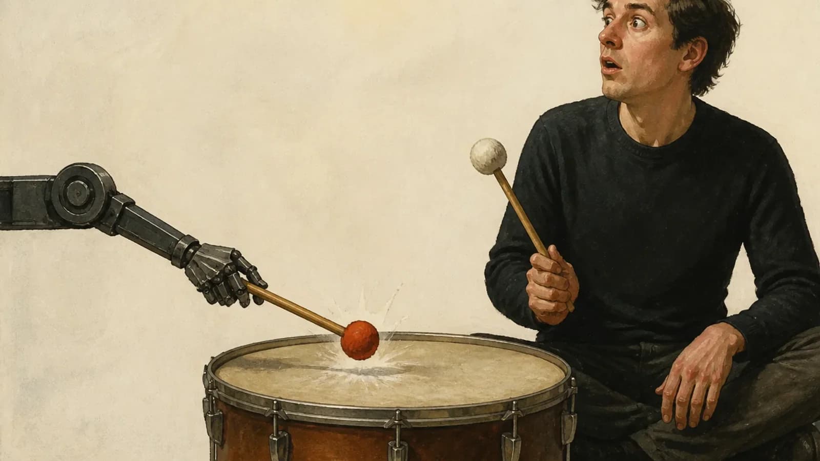 A surprised musician raises a mallet as a robotic hand strikes the drum first