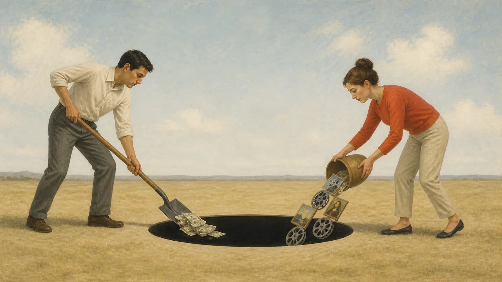 Outdoors, one person shovels paper money while another pours film reels and paintings into the same dark circular void