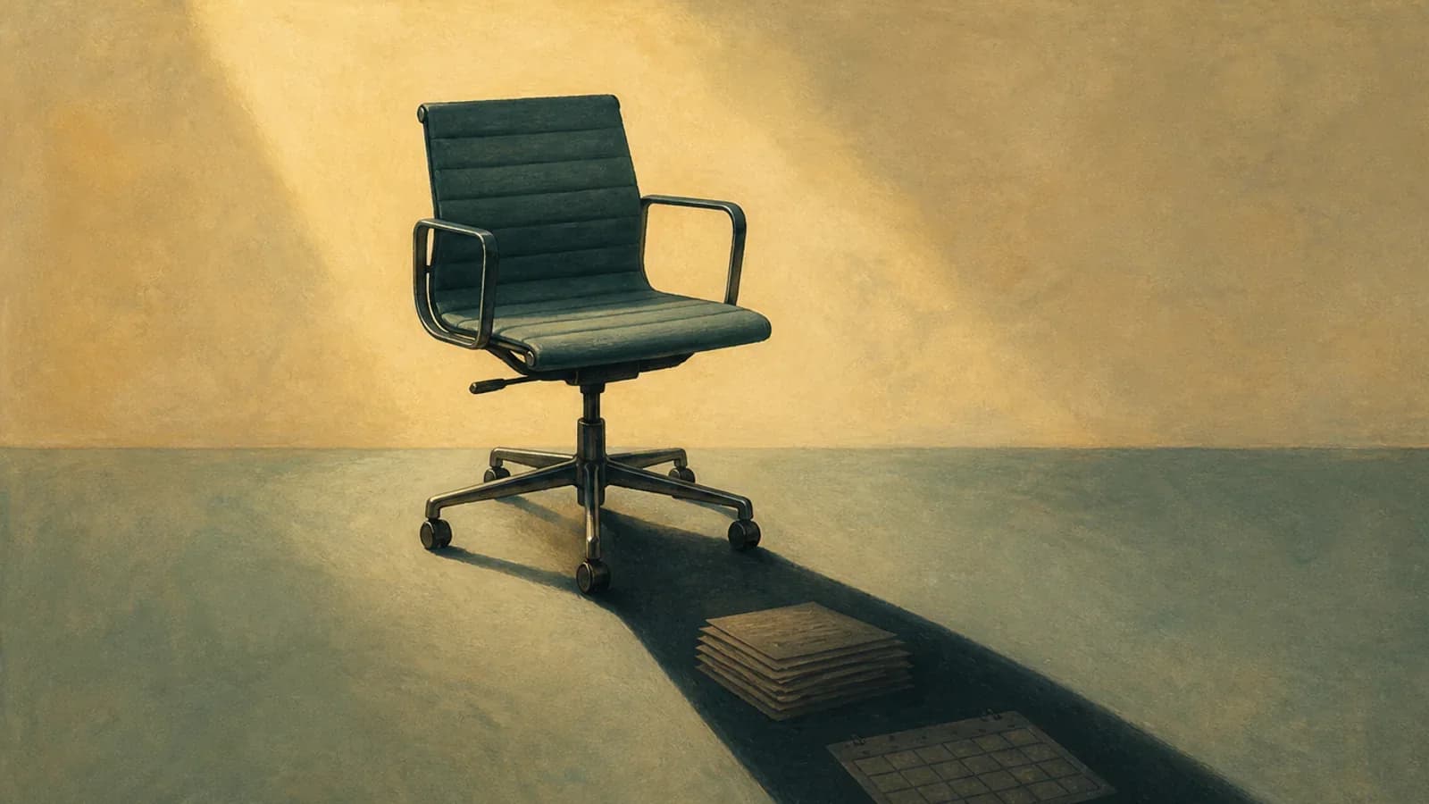 An empty office chair casts a long shadow containing forms, a calendar, and a box