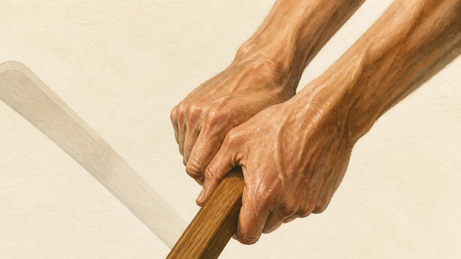 A close view of one pair of hands grasping a wooden lever beside its faint previous position